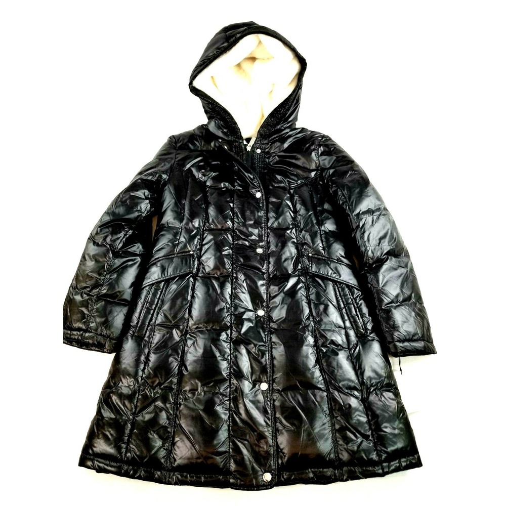Aspen Women Black Lacquer Parka Jacket Faux Fur Lined Puffer SA175 Large